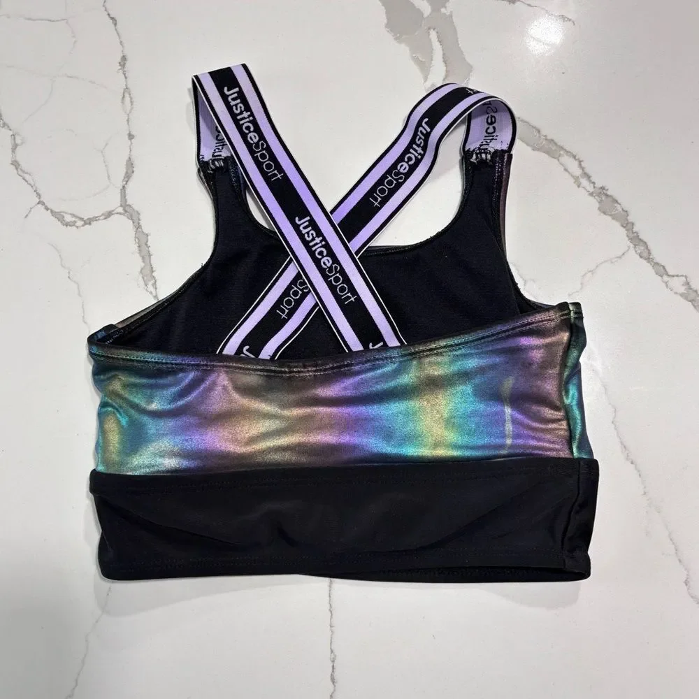 Justice Sport Girls Black Shimmery Takini Swim Top Bikini Size S 7/8 Sports Bra